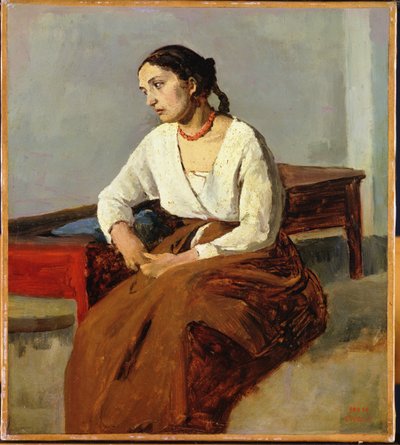 Siddende kvinde i brun nederdel af Jean Baptiste Camille Corot