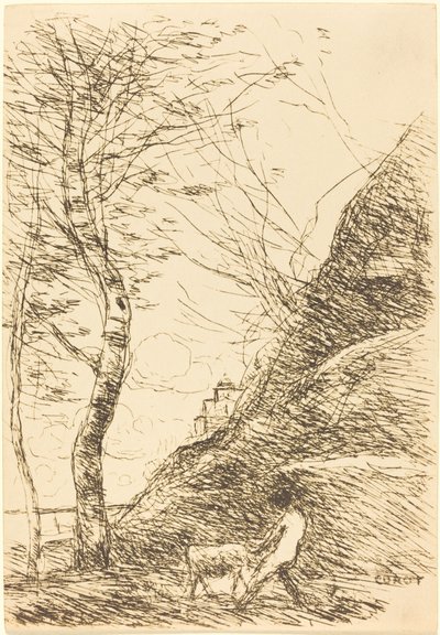 Hyrde, der kæmper med en ged (Berger luttant avec sa chevre) af Jean Baptiste Camille Corot