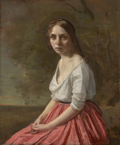 Ung kvinde i en lyserød nederdel, ca. 1845-50 af Jean Baptiste Camille Corot