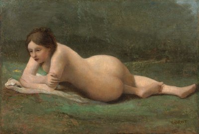 Ung kvinde tilbagelænet på græsset, ca. 1850-60 af Jean Baptiste Camille Corot