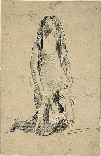 Knælende nøgen kvinde med draperi af Jean Baptiste Carpeaux