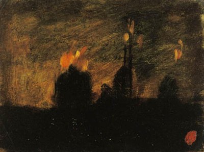 Nattestemning med ildebrande i St-Vast-là-haut nær Valenciennes af Jean Baptiste Carpeaux