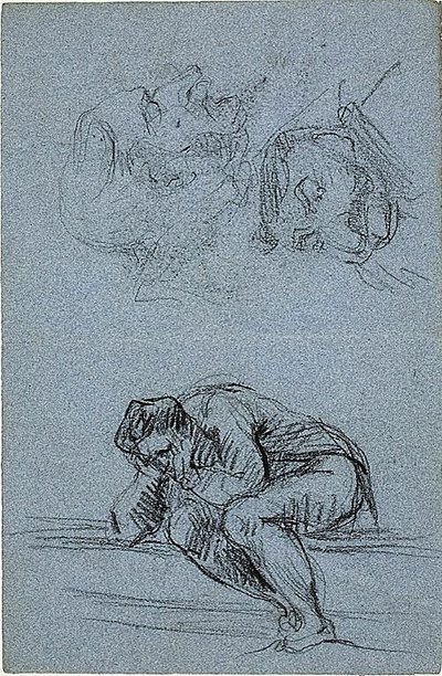 Siddende figur med hovedet i hænderne og to karikaturer (recto); fire figurer i en lunette (verso) af Jean Baptiste Carpeaux