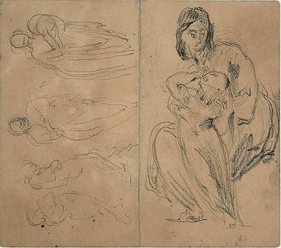 Skitser: Fire figurer og siddende mor og barn (recto); siddende mor og barn (verso) af Jean Baptiste Carpeaux