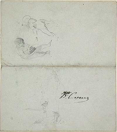 Skitser af to børn, både på havet (recto); skitser af gående mandlig figur med stav og kystscene (verso) af Jean Baptiste Carpeaux