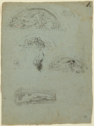 Stående figur i en niche og studier for Ugolino-gruppen (recto); Rødklædt prælat i en skare (verso) af Jean Baptiste Carpeaux