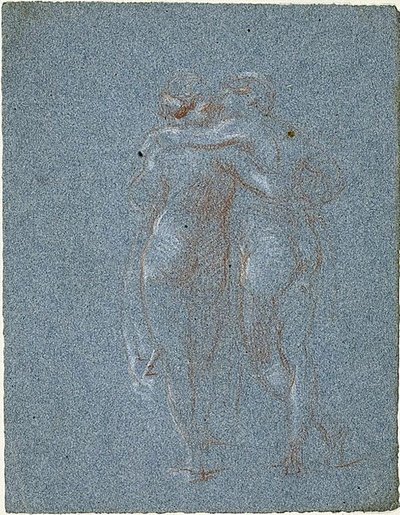 To stående figurer, omfavnende (recto); Mand med le og skitser af bygninger (verso) af Jean Baptiste Carpeaux