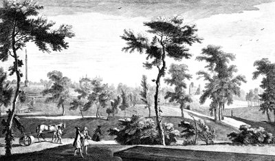 En udsigt fra det græske tempel til Lord Cobhams søjle, Stowe House Gardens, indgraveret af George Bickham, 1753 af Jean Baptiste Claude Chatelain