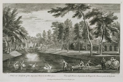 En udsigt til grotten af Serpentine River i Alder Grove ved Stowe, 1753, indgraveret af George Bickham af Jean Baptiste Claude Chatelain