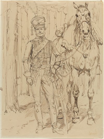 En fransk husar leder en hest af Jean Baptiste Edouard Detaille