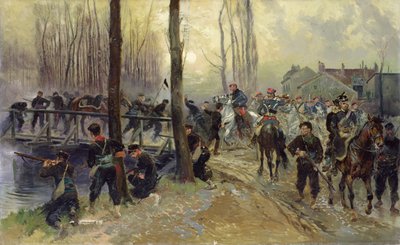 Baghold nær en bro forsvaret af tropper, tidlig morgen, 1870 af Jean Baptiste Edouard Detaille