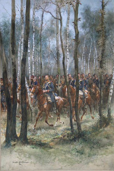 Soldater på hesteryg, 1884 (wc, sort blæk og kropsfarve på papir) af Jean Baptiste Edouard Detaille