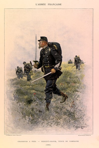 Typer og uniformer af kaptajn Jules Richards franske Armee, illustreret af Edouard Detaille (1848-1912): Fodjægere: Sergentmajor i feltkjole i 1885, privat samling af Jean Baptiste Edouard Detaille