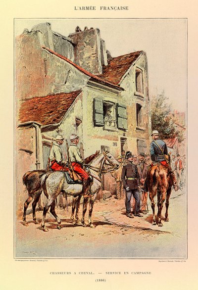Typer og uniformer af kaptajn Jules Richards franske armé, illustreret af Edouard Detaille (1848-1912): Hunters a Horseback; Felttjeneste i 1886, Privat Samling af Jean Baptiste Edouard Detaille