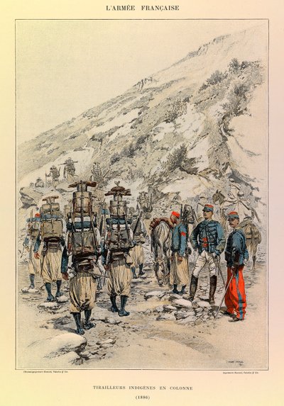 Typer og uniformer af kaptajn Jules Richards franske armé, illustreret af Edouard Detaille (1848-1912): Indigenes Tirailleurs i kolonne i 1886, privat samling af Jean Baptiste Edouard Detaille