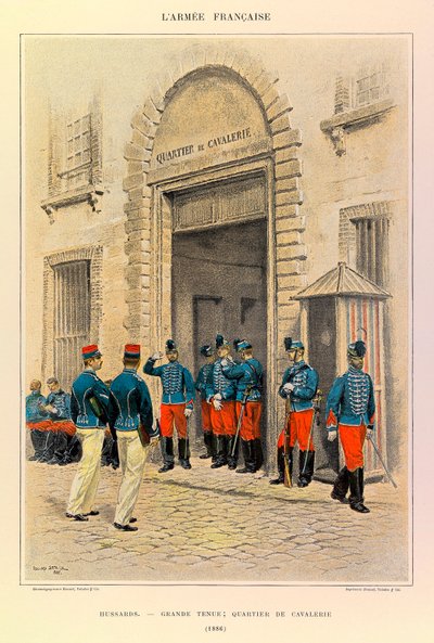 Typer og uniformer af kaptajn Jules Richards franske armé, illustreret af Edouard Detaille (1848-1912): Husarder i stor kjole; Rytterdistriktet i 1886, Privat Samling af Jean Baptiste Edouard Detaille
