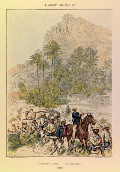 Typer og uniformer af kaptajn Jules Richards franske armé, illustreret af Edouard Detaille (1848-1912): Fusiliers Marins på ekspedition i 1887, privat samling af Jean Baptiste Edouard Detaille
