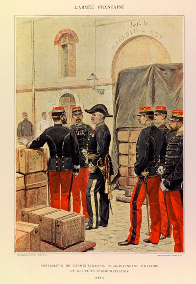 Typer og uniformer af kaptajn Jules Richards franske armé, illustreret af Edouard Detaille (1848-1912): Administrationskontrollør, vicemilitær intendant og administrative officerer i 1887, privat samling af Jean Baptiste Edouard Detaille