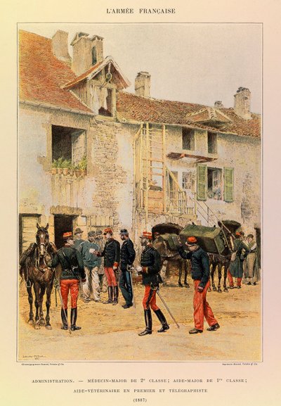 Typer og uniformer af kaptajn Jules Richards franske armé, illustreret af Edouard Detaille (1848-1912): Administration: Medicin Major af 2. klasse; Aide Major af 1, ere Klasse; Dyrlægehjælperførste og Telegrafist i 1887, Privat Samling af Jean Baptiste Edouard Detaille