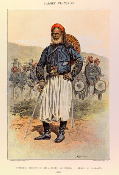 Typer og uniformer af kaptajn Jules Richards franske armé, illustreret af Edouard Detaille (1848-1912): Indfødt officer af algeriske tuniorer i feltkjole i 1886, privat samling af Jean Baptiste Edouard Detaille