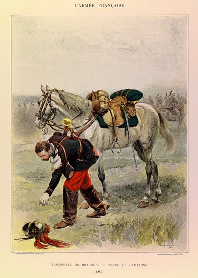 Typer og uniformer af kaptajn Jules Richards franske Armee, illustreret af Edouard Detaille (1848-1912): Dragons Trompet in Country Dress in 1885, Private Collection af Jean Baptiste Edouard Detaille