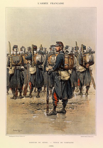 Typer og uniformer af kaptajn Jules Richards franske Armee, illustreret af Edouard Detaille (1848-1912): Åndens sapper i landdragt i 1886, privat samling af Jean Baptiste Edouard Detaille