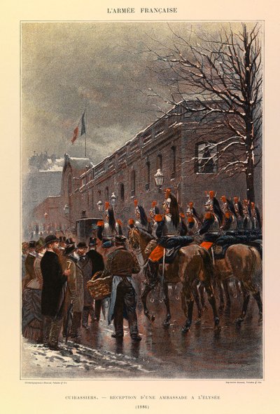 Typer og uniformer af kaptajn Jules Richards franske armé, illustreret af Edouard Detaille (1848-1912): Cuirassiers: Modtagelse af en ambassade ved Elysee i 1886, privat samling af Jean Baptiste Edouard Detaille
