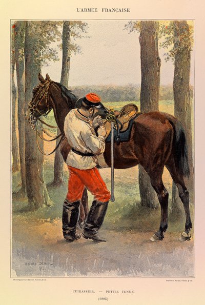 Typer og uniformer af kaptajn Jules Richards franske Armee, illustreret af Edouard Detaille (1848-1912): Cuirassier i lille kjole i 1885, Privat samling af Jean Baptiste Edouard Detaille