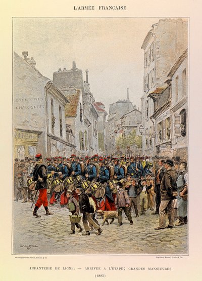 Typer og uniformer af kaptajn Jules Richards franske armé, illustreret af Edouard Detaille (1848-1912): Linjeinfanteri: Ankomst til scenen under de store manøvrer i 1885, Privat samling af Jean Baptiste Edouard Detaille