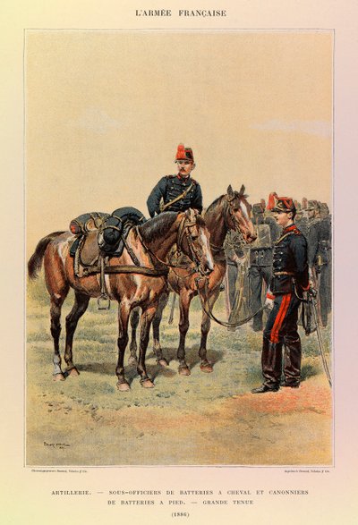 Typer og uniformer af kaptajn Jules Richards franske armé, illustreret af Edouard Detaille (1848-1912): Artilleri: Underofficerer af batterier på heste og kanoner af batteri til fods i stor påklædning i 1886, Privat samling af Jean Baptiste Edouard Detaille