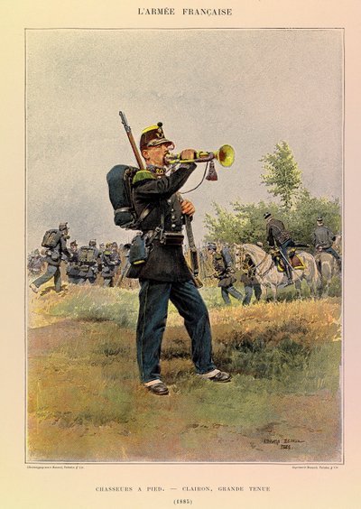 Typer og uniformer af kaptajn Jules Richards franske Armee, illustreret af Edouard Detaille (1848-1912): Jægere til fods: Bugle i flot kjole i 1885, Privat samling af Jean Baptiste Edouard Detaille