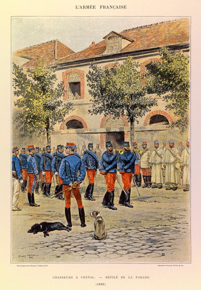 Typer og uniformer af kaptajn Jules Richards franske Armee, illustreret af Edouard Detaille (1848-1912): Hunters a Horseback; Defile de la parade en 1886, Collection Partiale af Jean Baptiste Edouard Detaille