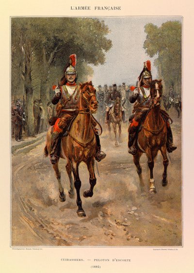 Typer og uniformer af kaptajn Jules Richards franske Armee, illustreret af Edouard Detaille (1848-1912): Cuirassiers: Escort deling i 1885, Privat samling af Jean Baptiste Edouard Detaille