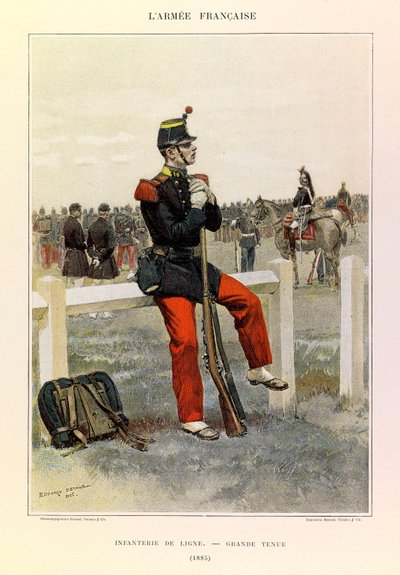 Typer og uniformer af kaptajn Jules Richards franske armé, illustreret af Edouard Detaille (1848-1912): Infantry de line en grande-style in 1885, Collection Partial af Jean Baptiste Edouard Detaille