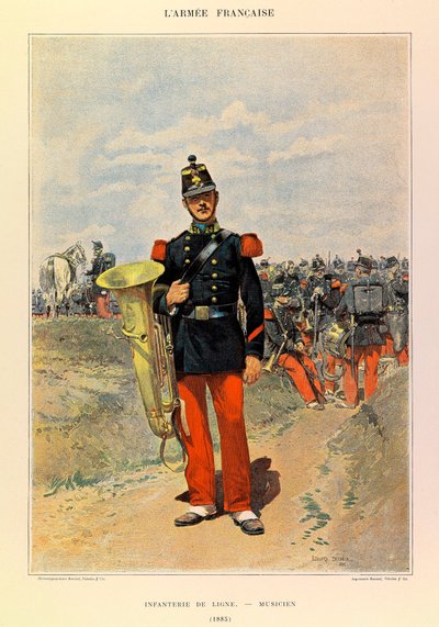 Typer og uniformer af kaptajn Jules Richards franske Armee, illustreret af Edouard Detaille (1848-1912): Linieinfanteri: Musiker i 1885, Privat samling af Jean Baptiste Edouard Detaille