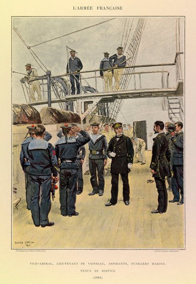 Typer og uniformer af kaptajn Jules Richards franske Armee, illustreret af Edouard Detaille (1848-1912): Søværnet: Viceadmiral, skibsløjtnant, aspiranter, marinerifler i tjenestedragt i 1885, Privat samling af Jean Baptiste Edouard Detaille
