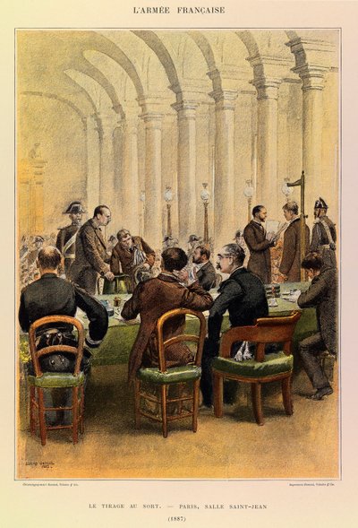 Typer og uniformer af kaptajn Jules Richards franske Armee, illustreret af Edouard Detaille (1848-1912): Lodtrækningen i Paris, Salle Saint Jean i 1887, privat samling af Jean Baptiste Edouard Detaille