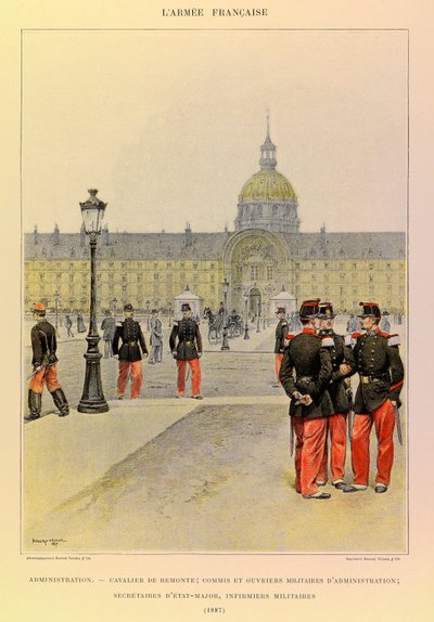 Typer og uniformer af kaptajn Jules Richards franske armé, illustreret af Edouard Detaille (1848-1912): Administration: Rytter, militærbetjent og administrative medarbejdere, stabssekretærer, militærsygeplejersker i 1887, Privat samling af Jean Baptiste Edouard Detaille