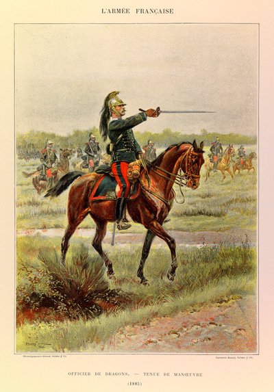 Typer og uniformer af kaptajn Jules Richards franske armé, illustreret af Edouard Detaille (1848-1912): Dragonofficer i manøvredragt i 1885, privat samling af Jean Baptiste Edouard Detaille