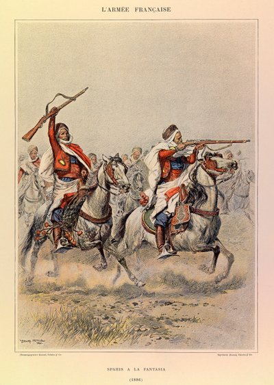 Typer og uniformer af kaptajn Jules Richards franske armé, illustreret af Edouard Detaille (1848-1912): Spahis a la Fantasia i 1886, privat samling af Jean Baptiste Edouard Detaille
