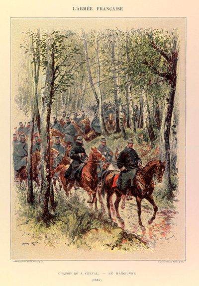 Typer og uniformer af kaptajn Jules Richards franske Armee, illustreret af Edouard Detaille (1848-1912): Hunters a horse in maneuver in 1885, Private Collection af Jean Baptiste Edouard Detaille