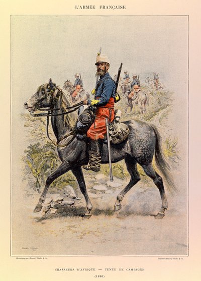 Typer og uniformer af kaptajn Jules Richards franske Armee, illustreret af Edouard Detaille (1848-1912): Hunters of Africa in Country Dress in 1886, Private Collection af Jean Baptiste Edouard Detaille