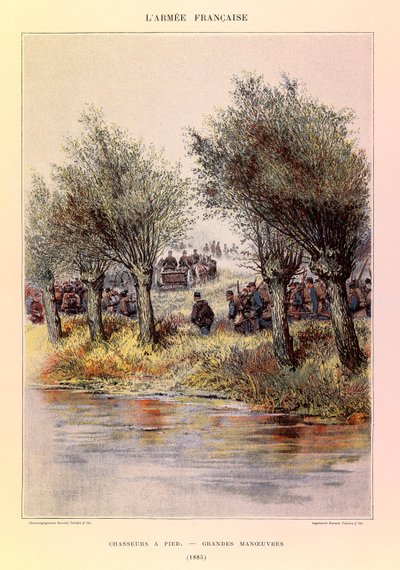 Typer og uniformer af kaptajn Jules Richards franske Armee, illustreret af Edouard Detaille (1848-1912): Jægere til fods; de store manøvrer i 1885, Privat Samling af Jean Baptiste Edouard Detaille