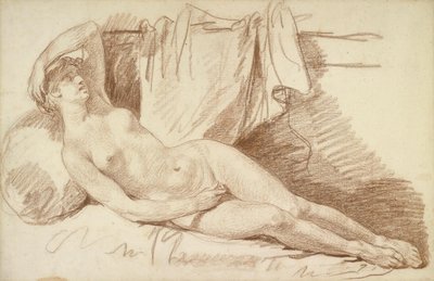 Liggende kvindelig nøgenmodel: Studie til "Aegina besøgt af Jupiter" af Jean Baptiste Greuze