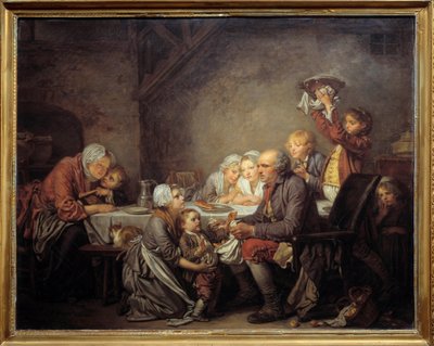 The Kings cake En familie, der deler kagen ved helligtrekongerfesten. Maleri af Jean Baptiste Greuze (1725-1805) 1774 søn. 0,72x0,91 m Montpellier museum Fabre af Jean Baptiste Greuze