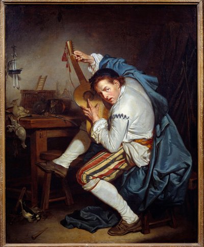 Guitaristen, eller en fugl, der ved hjemkomst fra jagt skænker sin guitar Maleri af Jean Baptiste Greuze (1725-1805) 1700-tallets søn. 0,71x0,57 m Nantes, Musee des Beaux Arts af Jean Baptiste Greuze