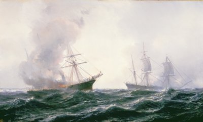 Et skib i brand på havet, med et andet stående af Jean Baptiste Henri Durand Brager