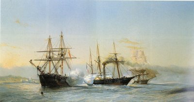 Søslag foran den marokkanske kyst mellem to marokkanske brigger og en fransk hjulkorvet i forbindelse med den franske eskadres bombardement af Mogador i 1844. af Jean Baptiste Henri Durand-Brager