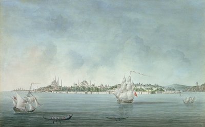 Udsigt over Sultan Ahmet og Santa Sophia fra Uskudar i Konstantinopel af Jean Baptiste Hilair