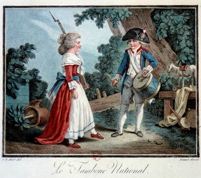 Fransk revolution: "" Le tambour national"" To små børn forklædt som revolutionære. Litografi af Jean Baptiste Huet (1745-1811) Paris fra det 18. århundrede, dekorativ kunst af Jean Baptiste Huet